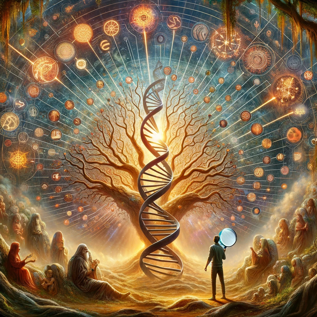 dall e 2024 03 14 23.13.00 a visual representation of dna genealogy as a journey to the origins of humanity. the image features a sprawling phylogenetic tree rooted in the struc